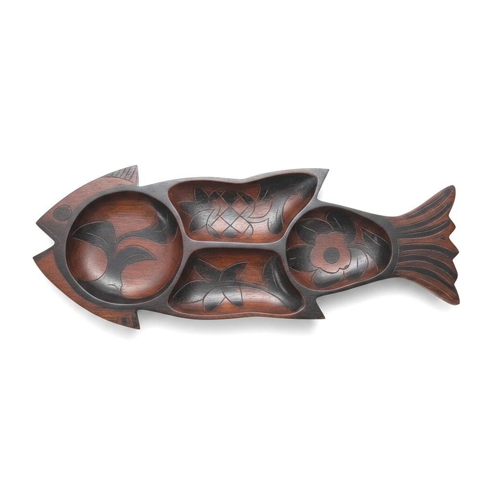 VTG Hand Carved Wooden Fish Serving Tray Monkey Pod Style Divided Snack Dish 20"